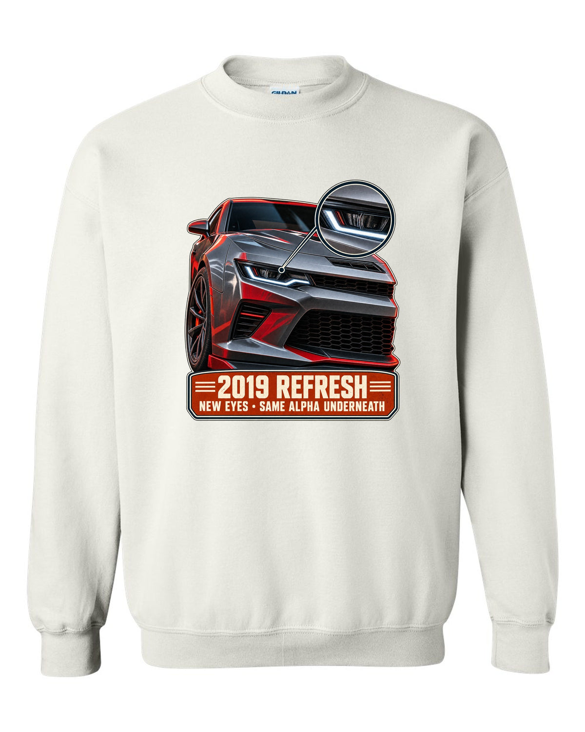 Macro detail print of a 2019 Chevrolet Camaro SS refresh white crewneck front view with the design