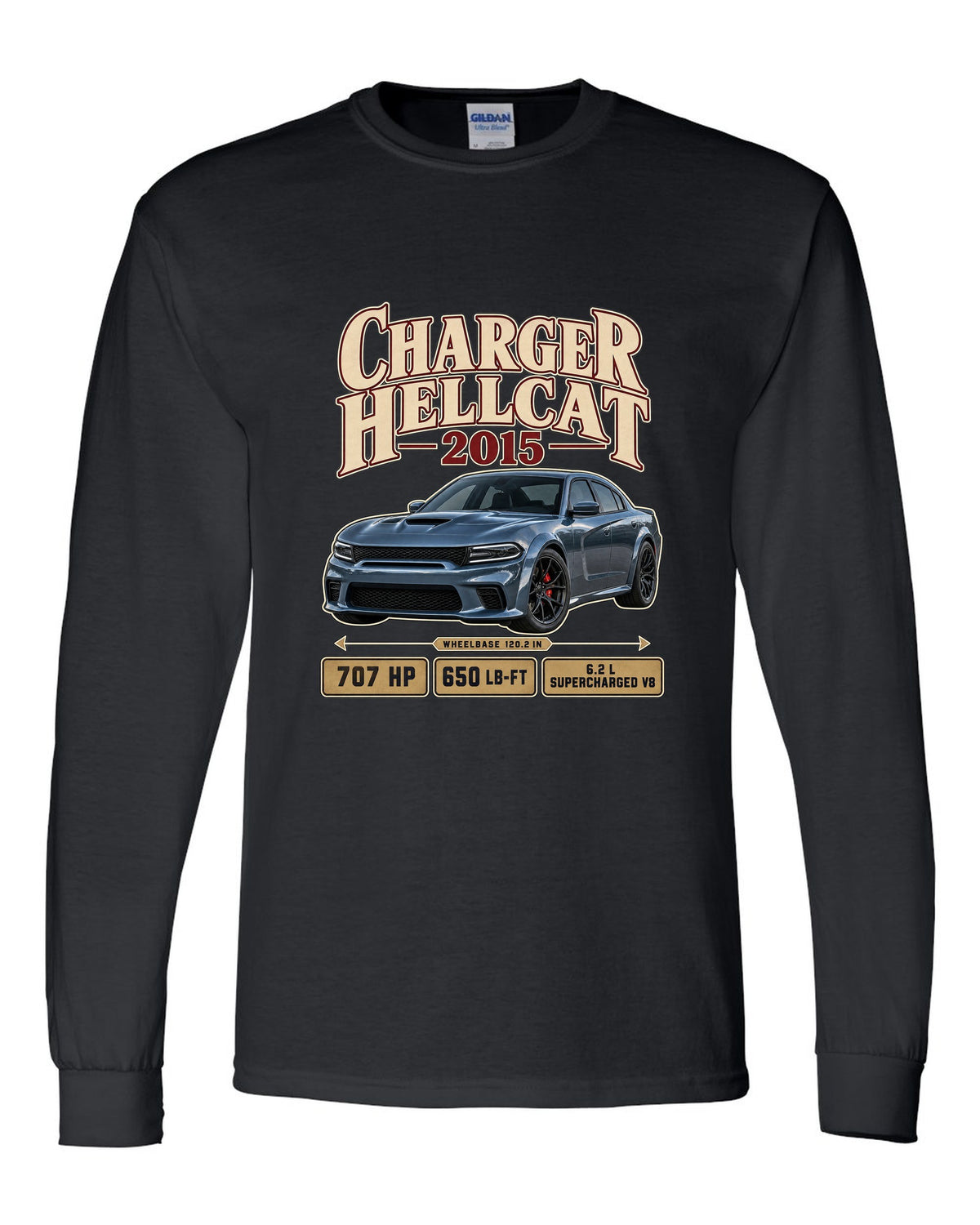 print of a 2015 Dodge Charger SRT Hellcat in an archive panel layout black long sleeve front view with the design