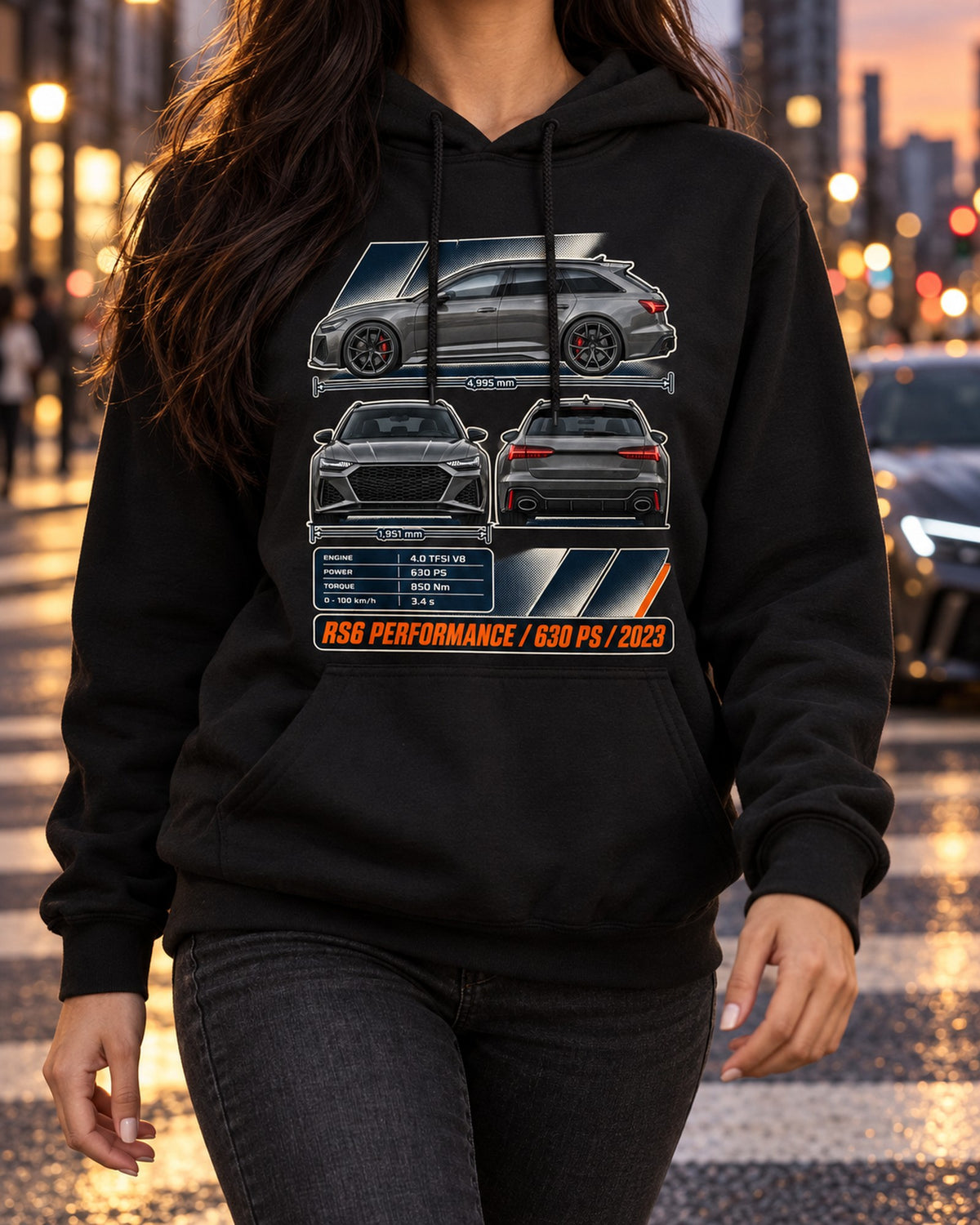 Audi RS6 Avant Performance Three-View Spec Tee, 630 PS Pull Over Hoodie Black worn hero