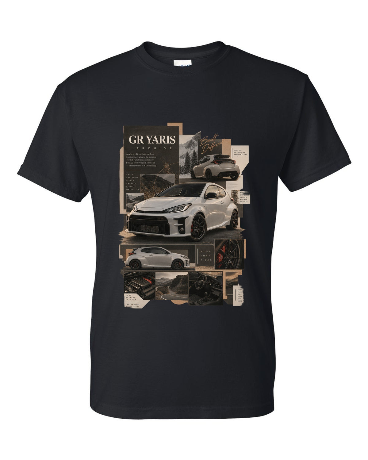 Three-view spec sheet of the Toyota GR Yaris XP210 three-door black t-shirt front view with the design