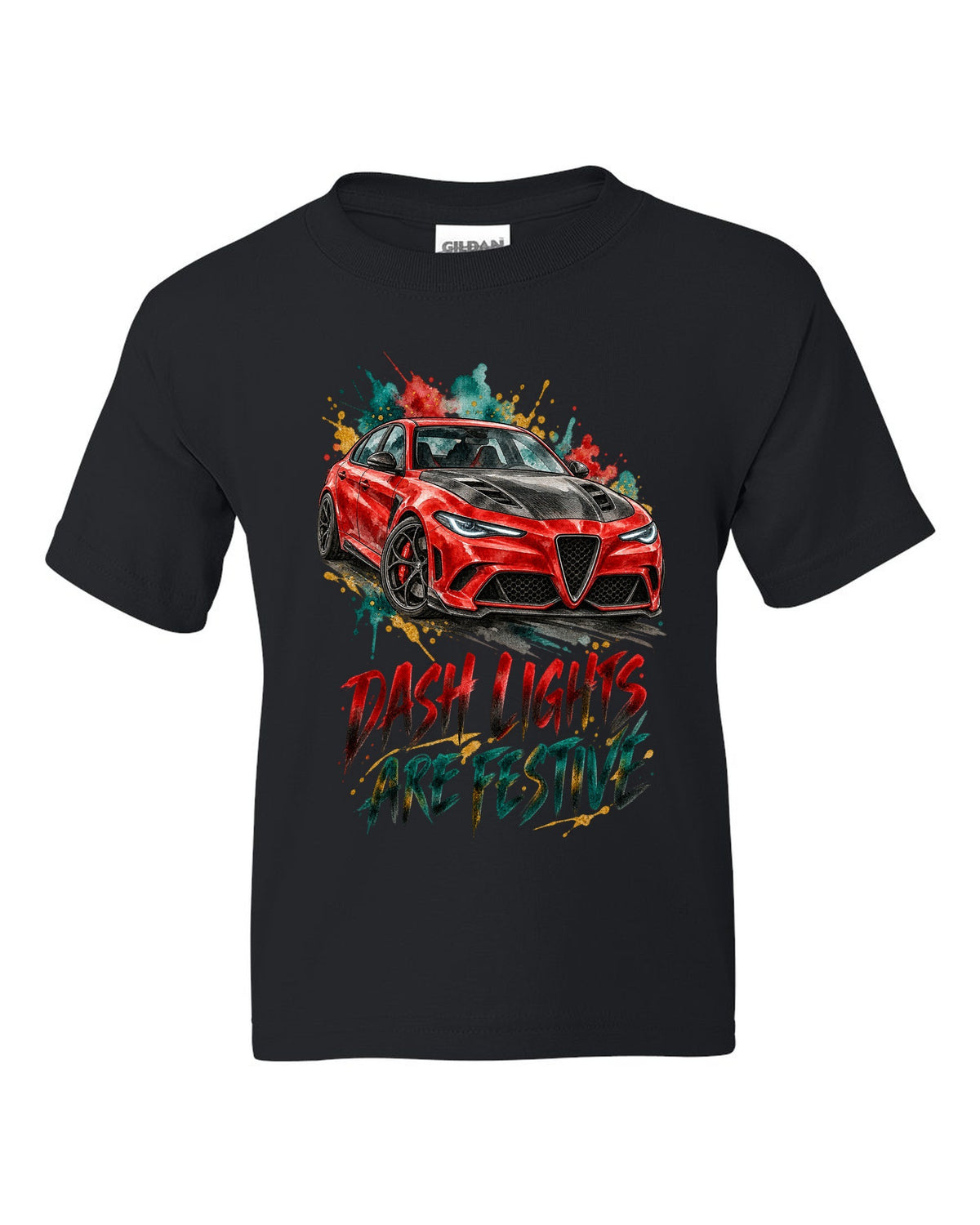 Watercolour ink illustration of an Alfa Romeo Giulia Quadrifoglio 952 with dash lights text on a tee back black kids tee front view with the design