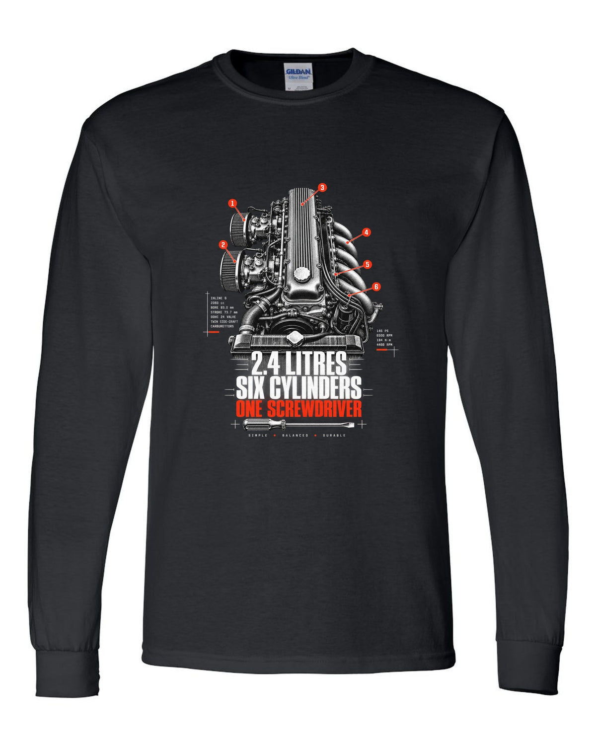 print of a Datsun 240Z L24 engine bay with six cylinders and screwdriver lettering black long sleeve front view with the design