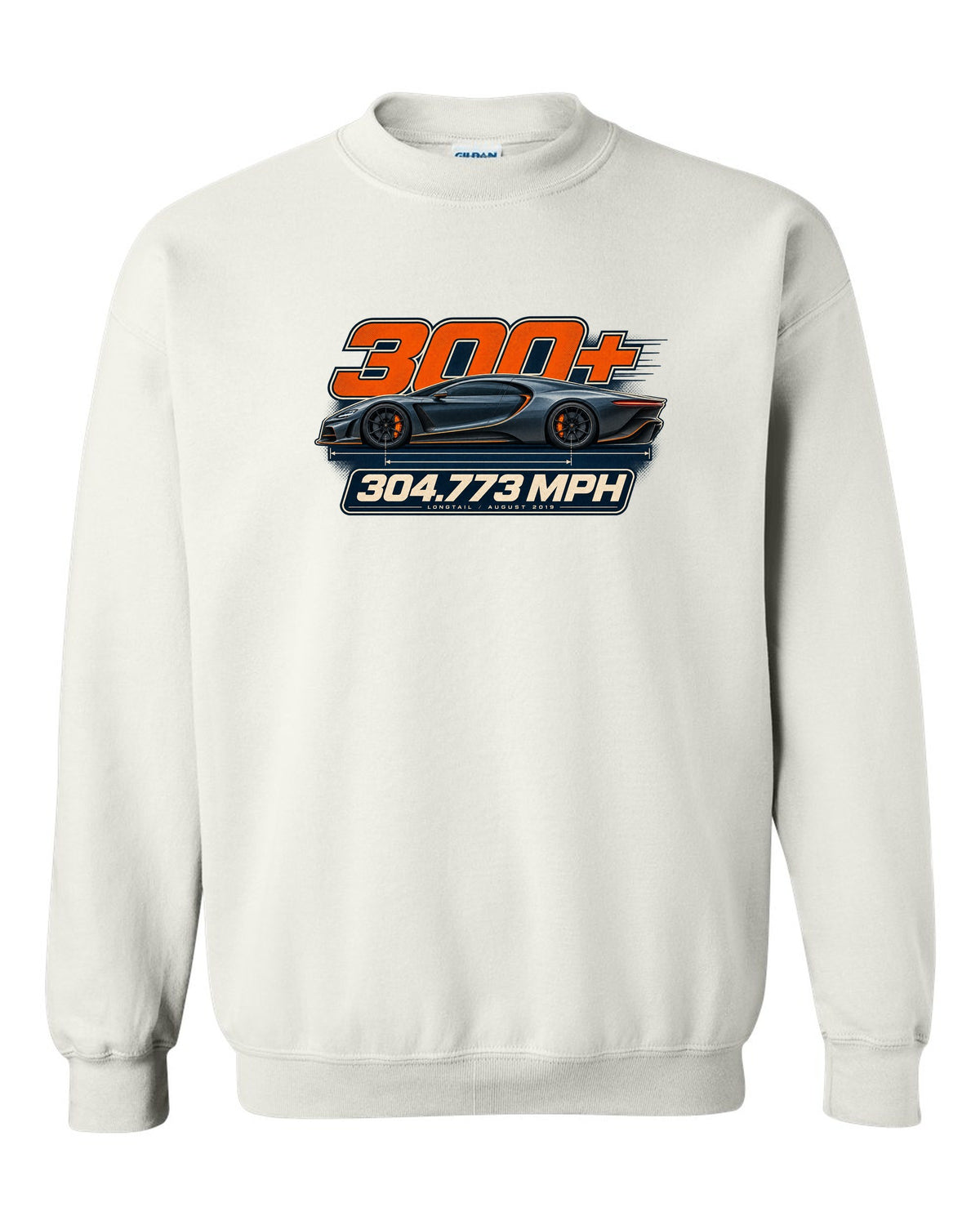 Spec poster of the Bugatti Chiron Super Sport 300+ with 304.773 mph text, print white crewneck front view with the design