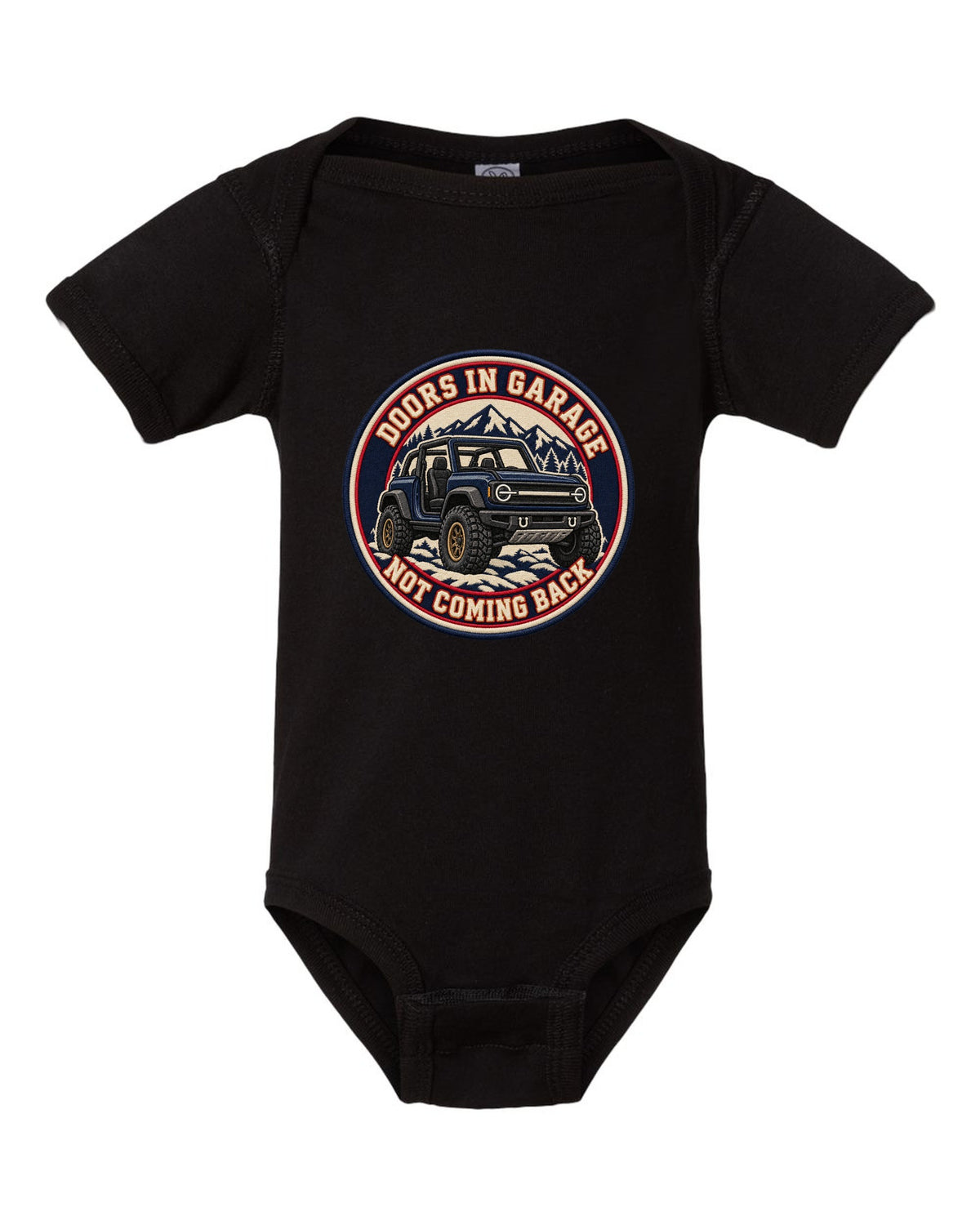 Embroidery-style varsity crest of a 2021 Ford Bronco with doors and roof off at the beach black baby onesie front view with the design