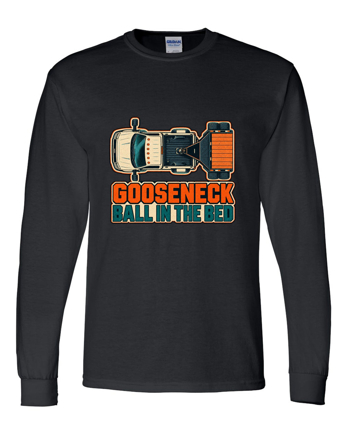Top-down risograph print of a 2019-2024 Ram HD 3500 long bed with gooseneck ball in the bed text black long sleeve front view with the design