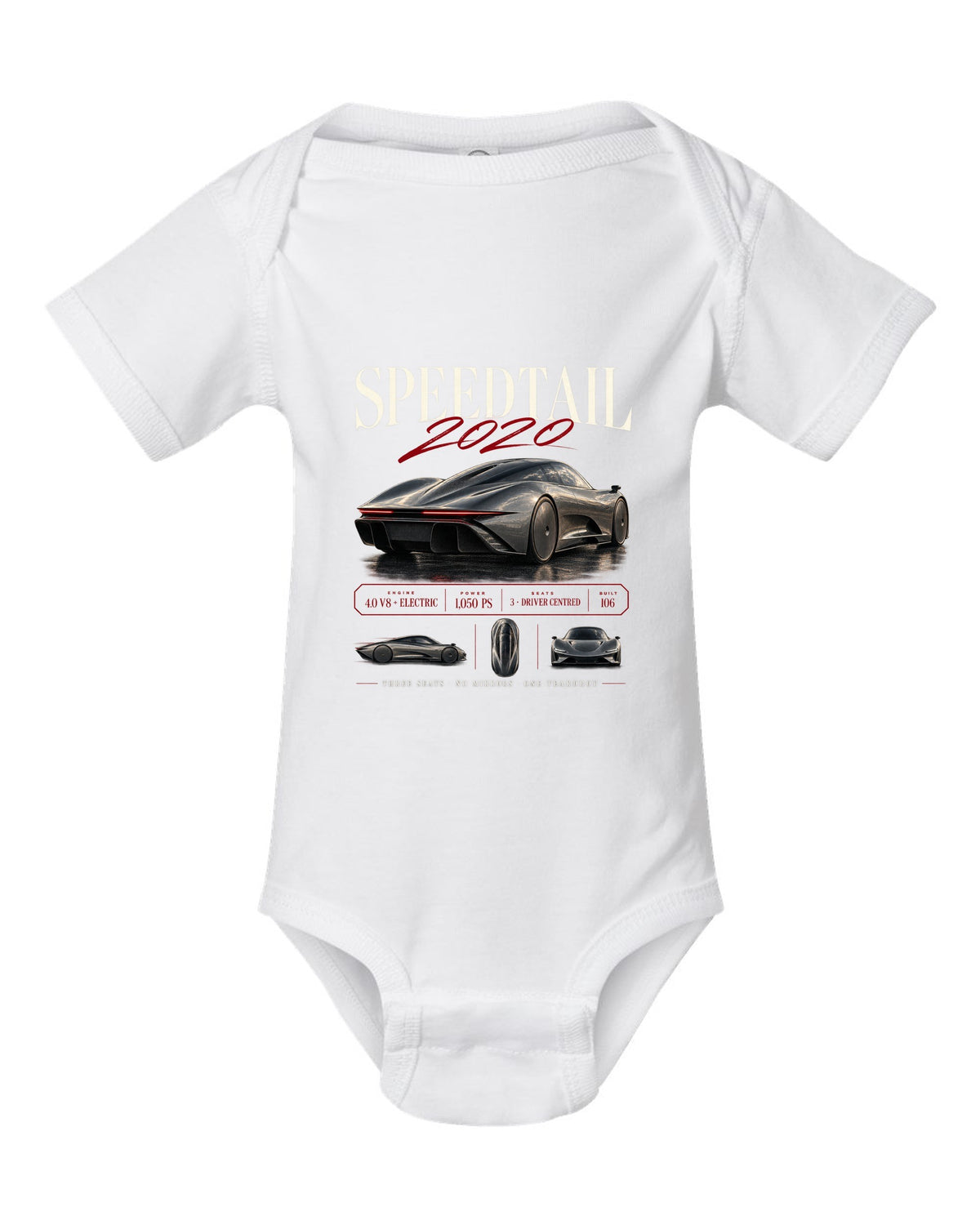 Archive panel print of a 2020 McLaren Speedtail with three seats and no mirrors text white baby onesie front view with the design