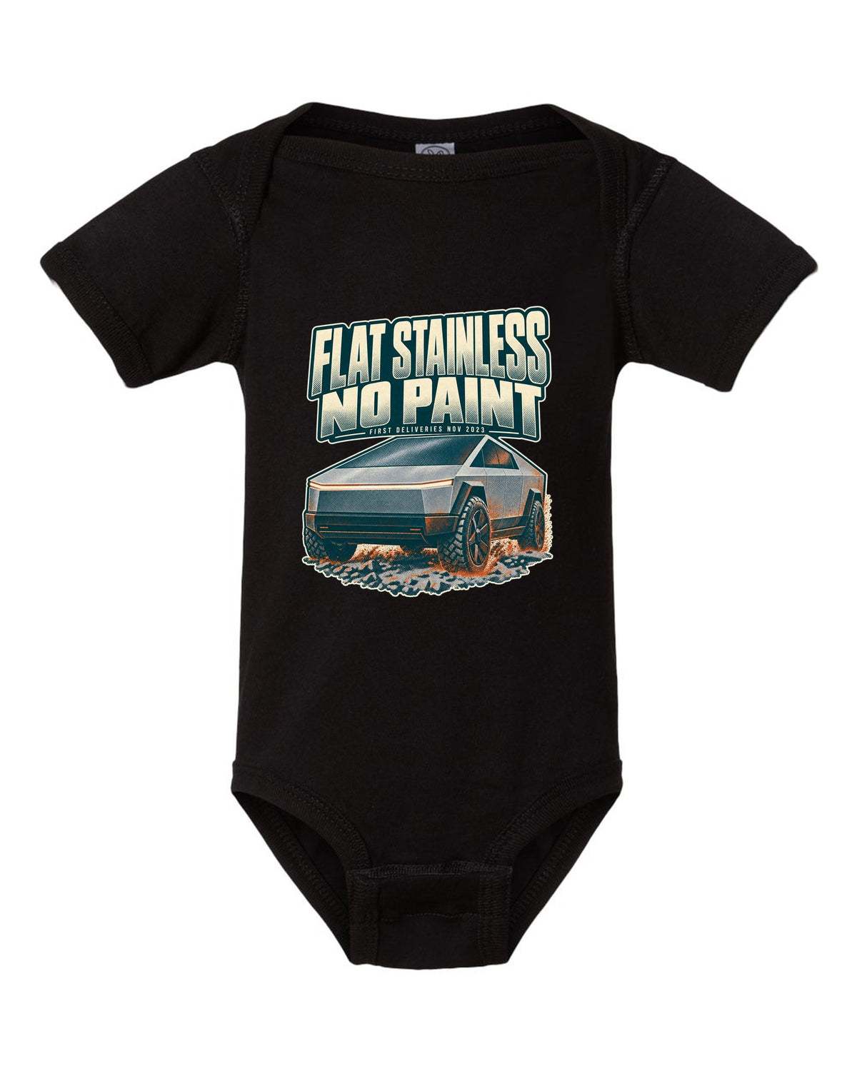 Halftone print of a Tesla Cybertruck front three-quarter with flat stainless text black baby onesie front view with the design