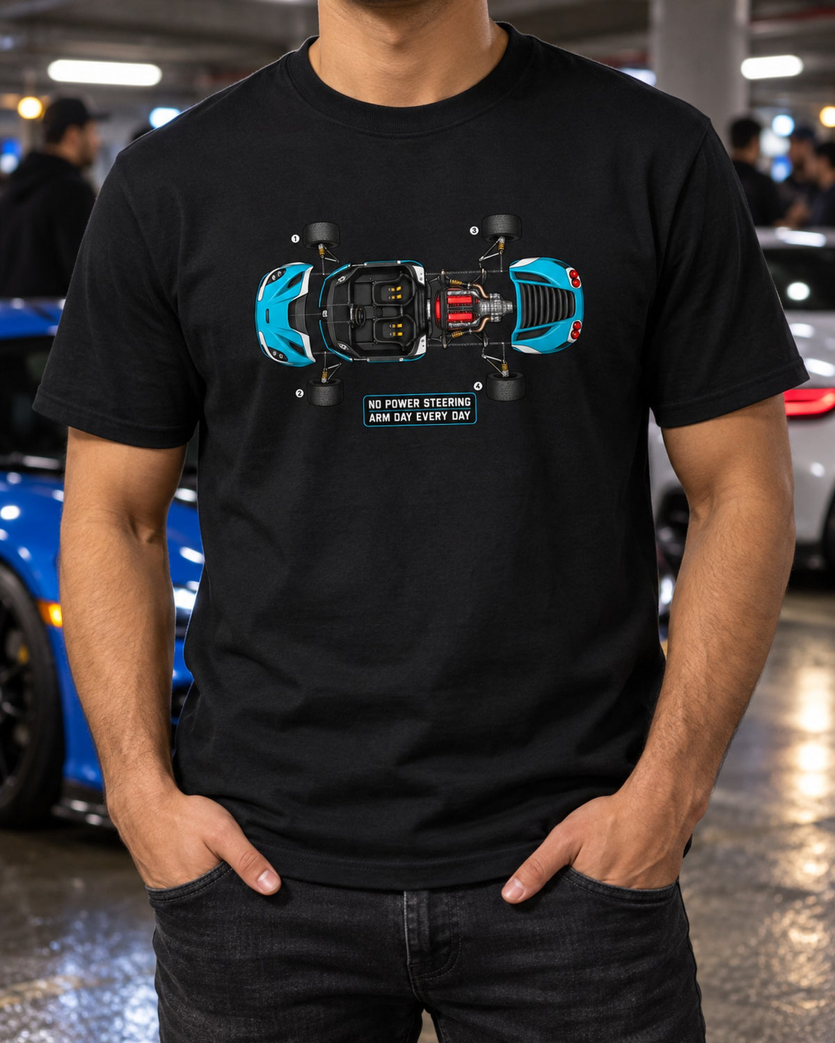 Alfa Romeo 4C Exploded Blueprint Tee, Arm Day Every Day T-Shirt Black worn hero