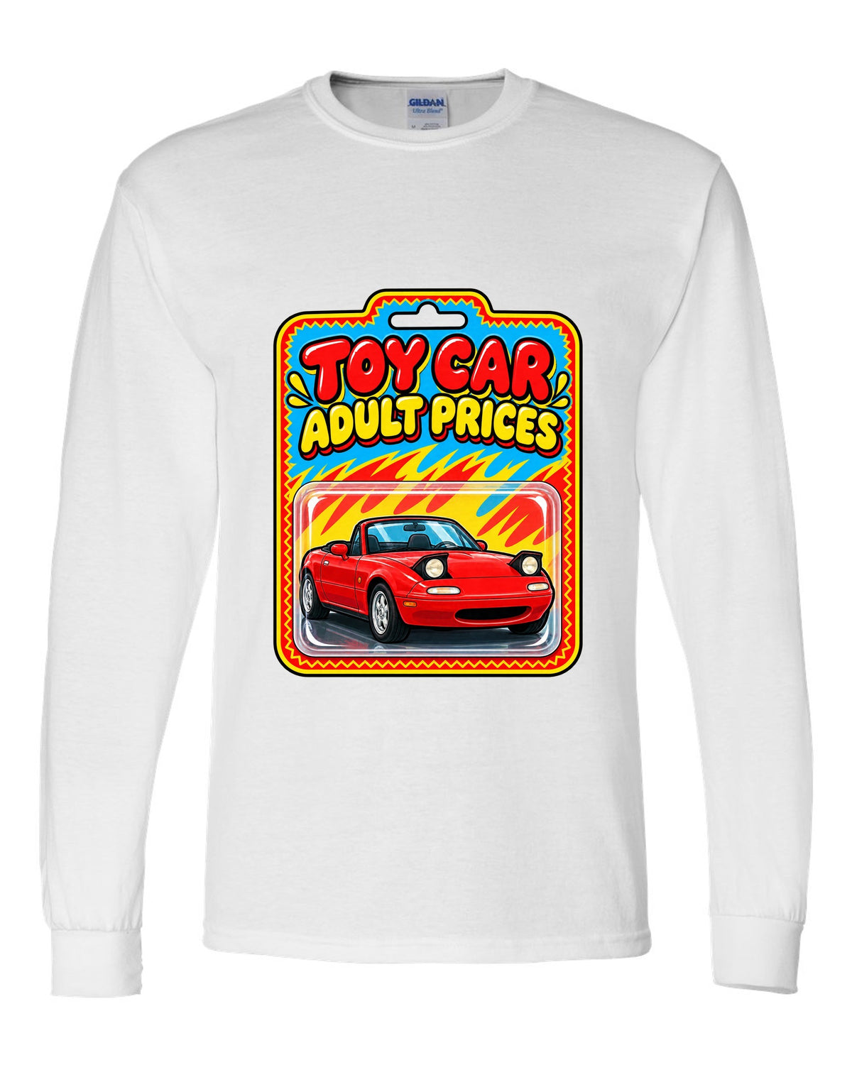 Toy car blister card style illustration of a Mazda MX-5 NA with adult prices text white long sleeve front view with the design