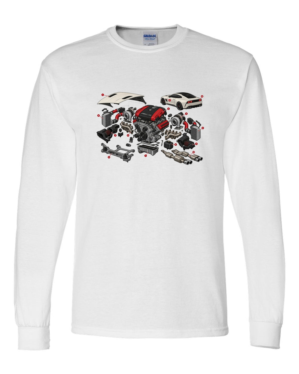 Isometric exploded cutaway print of the Kia Stinger GT CK Lambda II 3.3T engine white long sleeve front view with the design