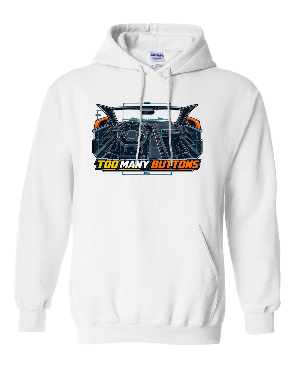 Blueprint line art print of a Chevrolet Corvette C8 Stingray cockpit with Too Many Buttons text white pull over hoodie front view with the design