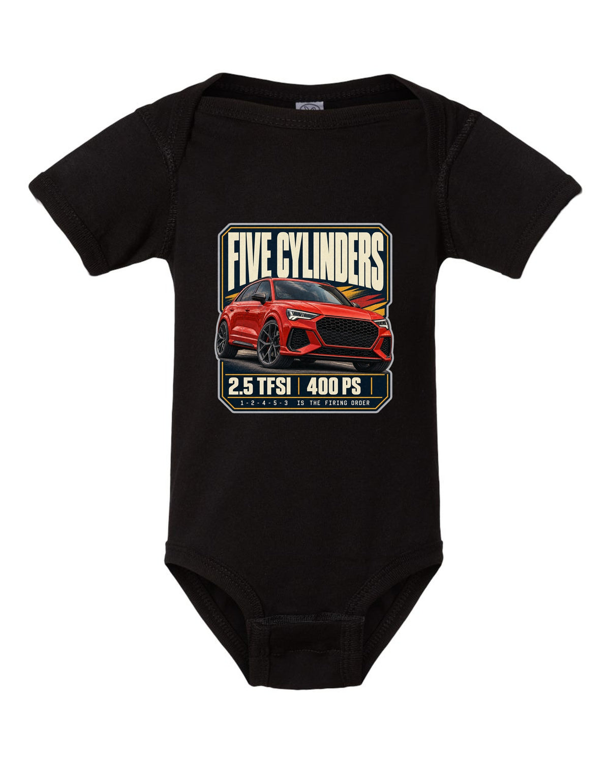 Audi RS Q3 F3 editorial headline print with five-cylinder text black baby onesie front view with the design
