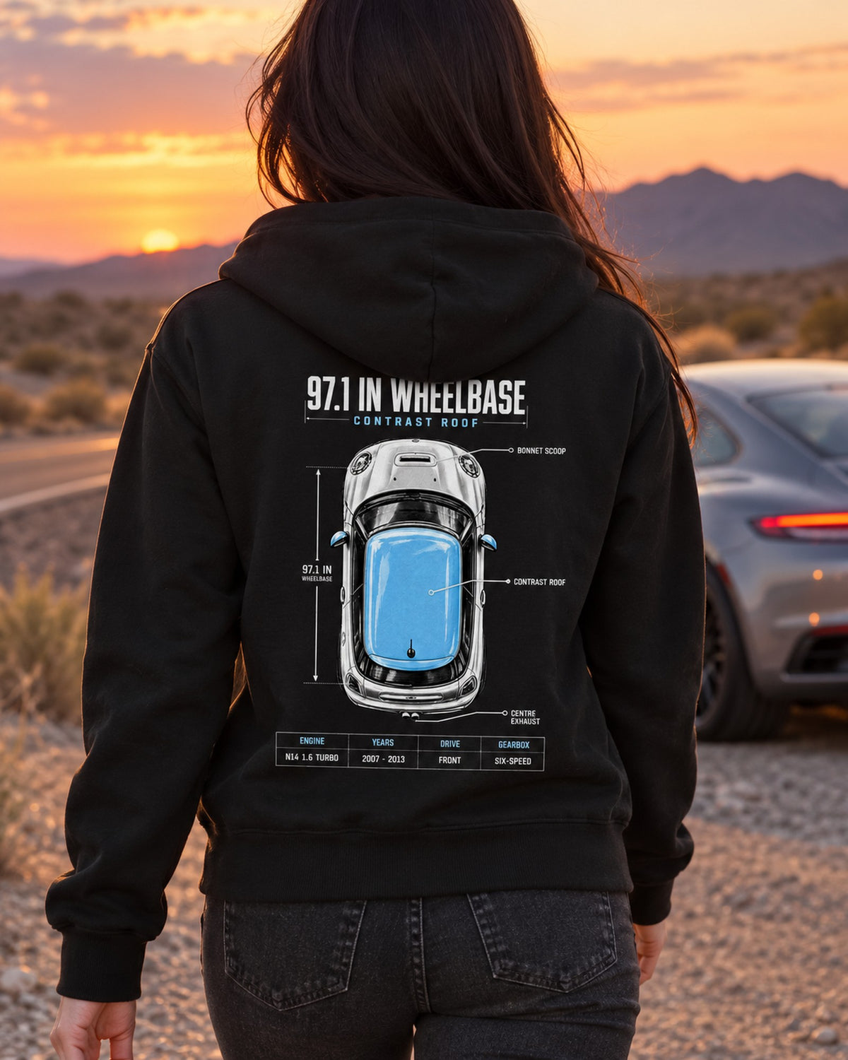 Mini Cooper S R56 Top-Down Spec Poster Tee, Contrast Roof Zip Hoodie Black worn hero