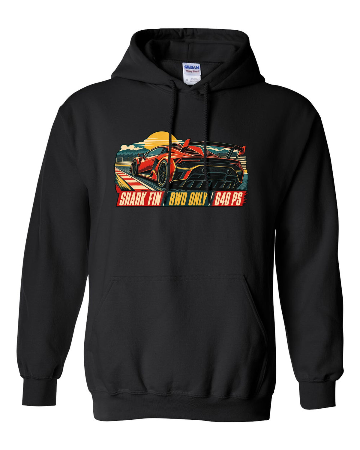 Vintage 1960s lithograph race poster of a Lamborghini Huracan STO LP640-2 with shark fin text black pull over hoodie front view with the design