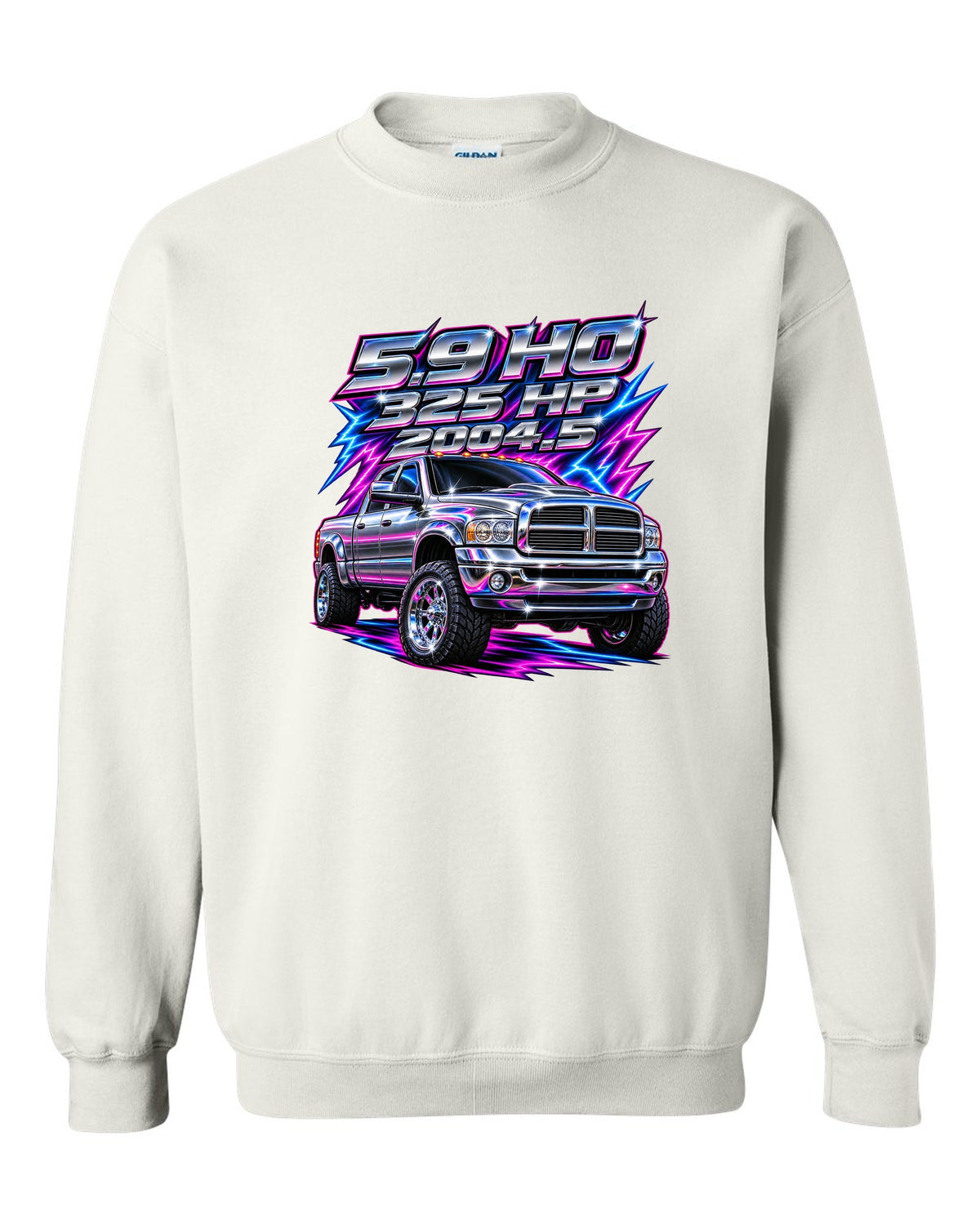 80s chrome airbrush print of a 2003-2009 Dodge Ram 2500 Cummins with 5.9 HO 325 HP 2004.5 text white crewneck front view with the design