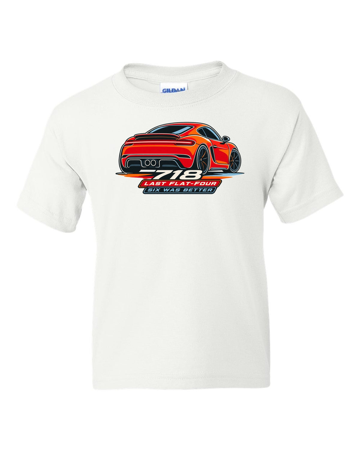 Minimalist continuous line art print of a Porsche 718 Cayman 982 taillight with the text 718, last flat-four, six was better white kids tee front view with the design