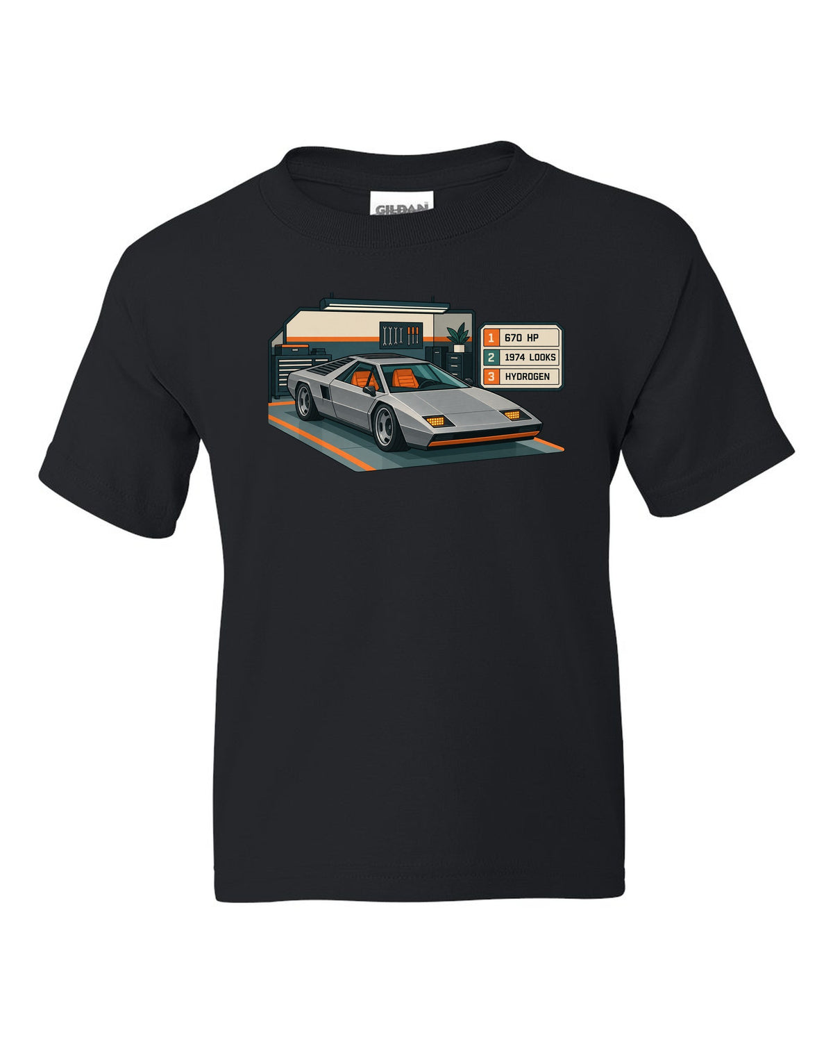 Hyundai N Vision 74 concept spec-sheet data plate print with 670 HP and hydrogen text black kids tee front view with the design