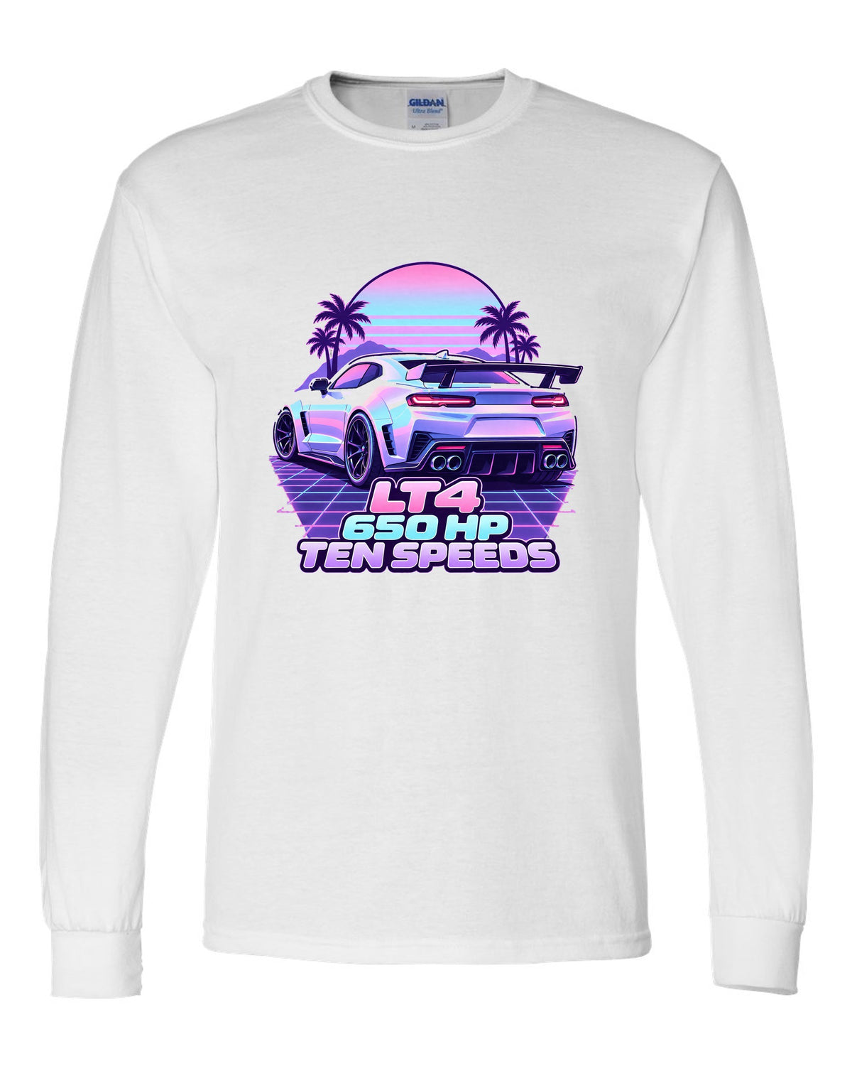 2019 Chevrolet Camaro ZL1 LT4 vaporwave pastel print with 650 HP text white long sleeve front view with the design