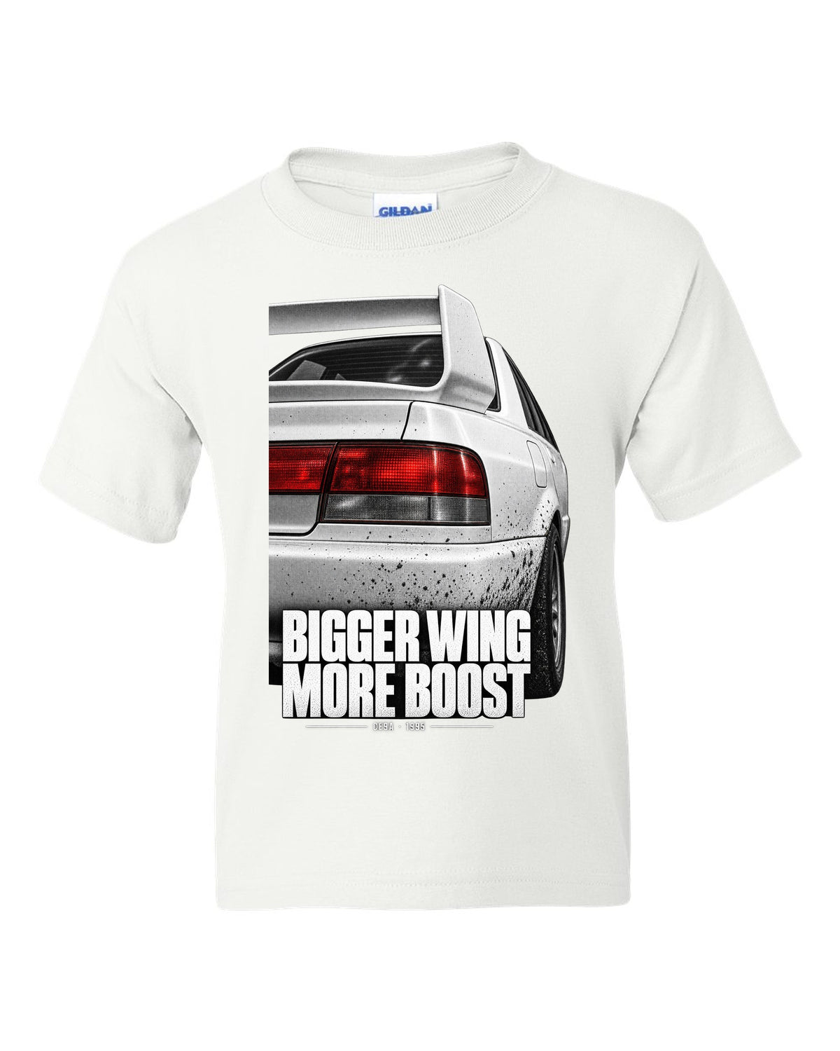 Tail and wing macro print for the Mitsubishi Lancer Evolution III CE9A reading Bigger Wing, More Boost white kids tee front view with the design