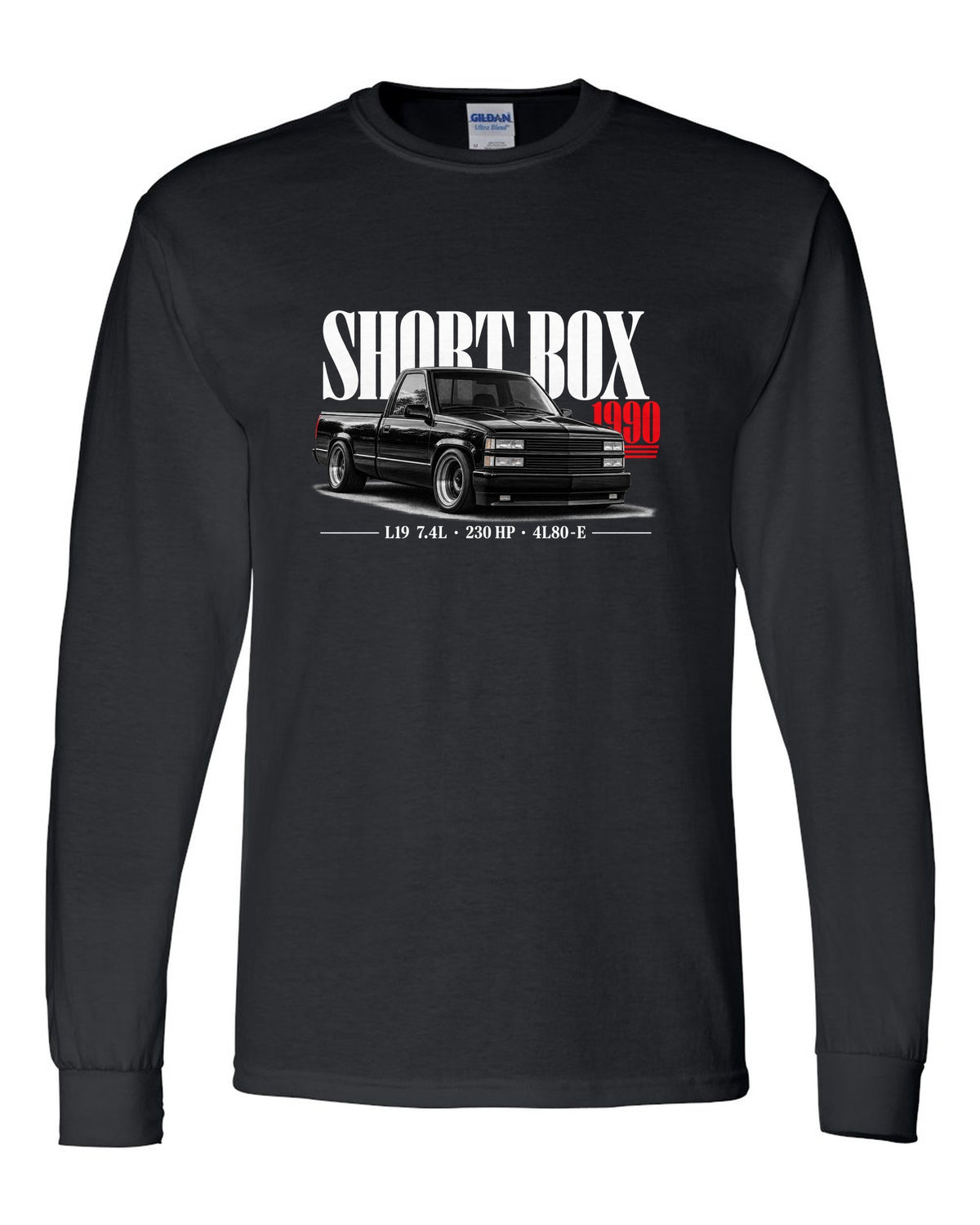 1990 Chevy 454 SS short box pickup editorial print black long sleeve front view with the design