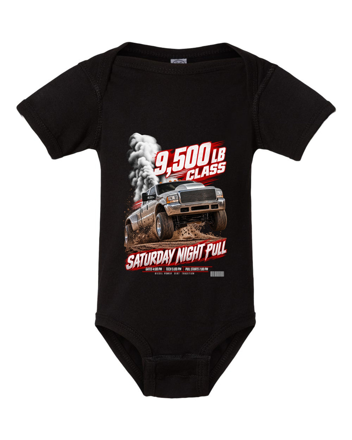 Race poster of a 1998.5-2002 Ram 2500 24V with the text 9,500 lb class, Saturday night pull black baby onesie front view with the design