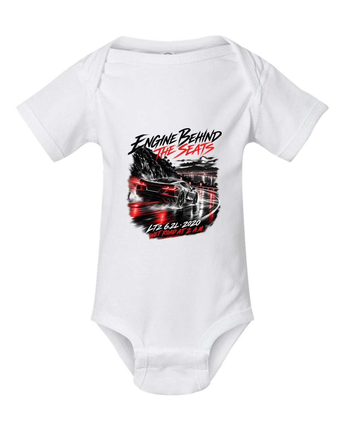 Corvette C8 Stingray driving on a wet road at night white baby onesie front view with the design