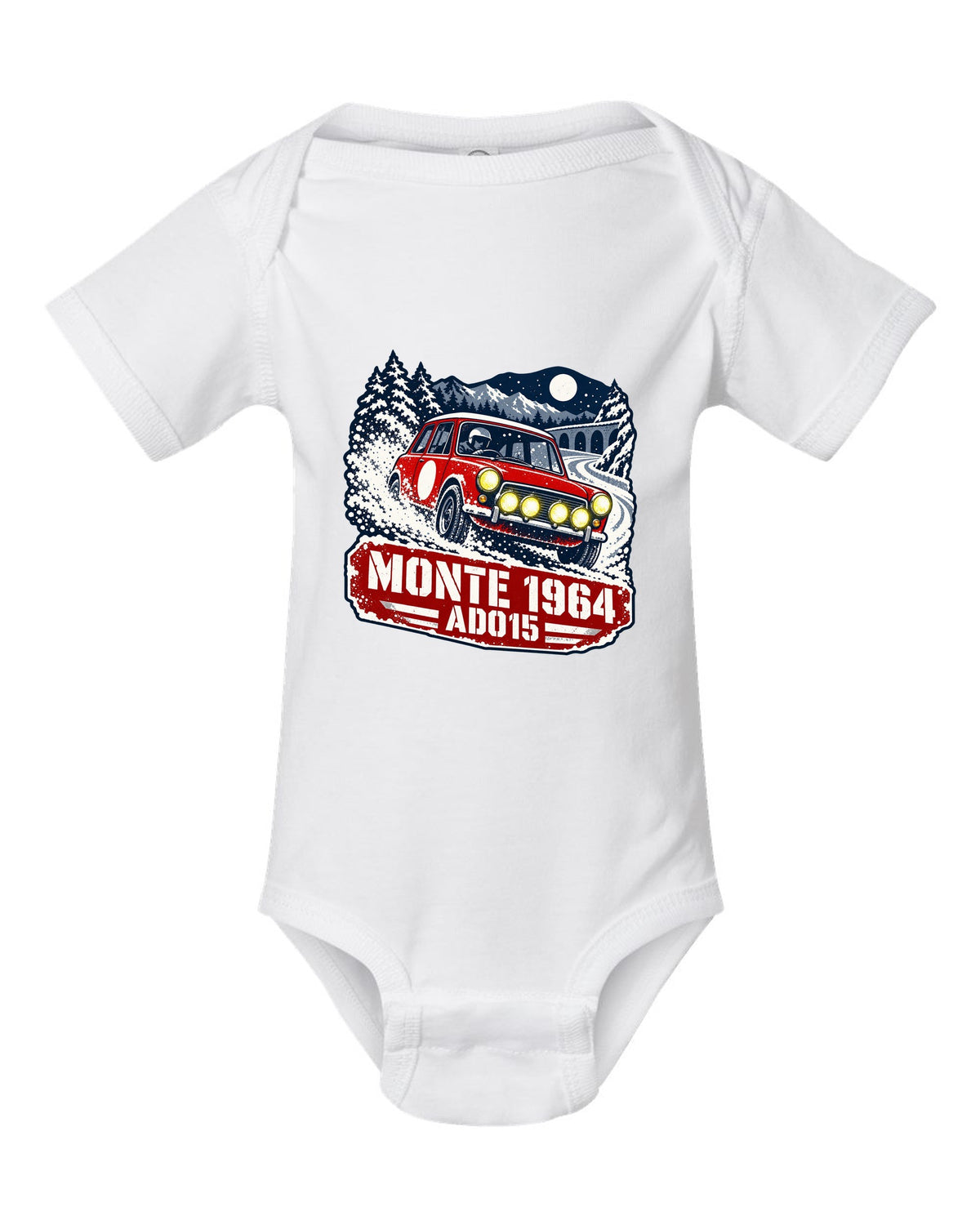 Stencil rally poster print of a Classic Mini Cooper S ADO15 on a night stage for Monte 1964 white baby onesie front view with the design