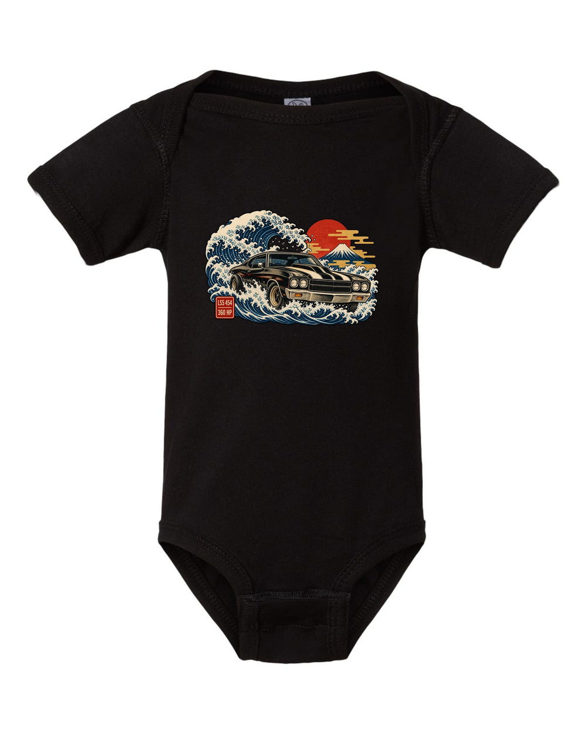 1970 Chevelle SS on a great wave in ukiyo-e woodblock style with text LS5 454 360 HP black baby onesie front view with the design