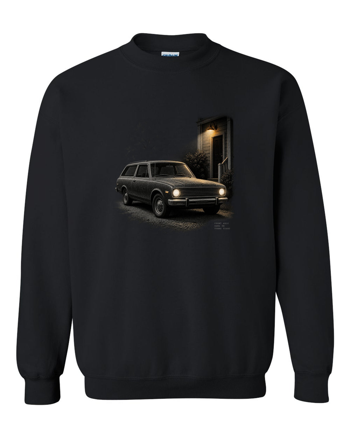Night print of a 1966-77 early Ford Bronco U15 with Dana 30 front axle text black crewneck front view with the design