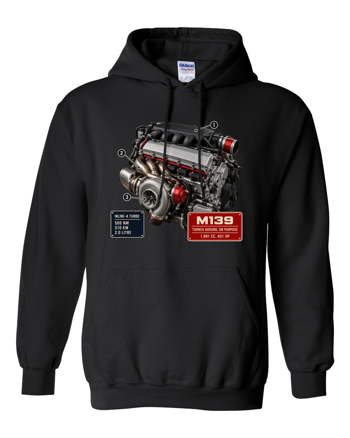 Mercedes-AMG M139 2.0 litre turbo four engine hero print black pull over hoodie front view with the design