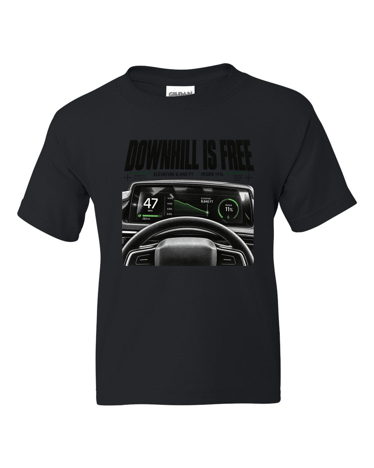 Rivian R1T 2022 cockpit gauge readout with downhill is free, elevation 8,840 ft and regen 11% black kids tee front view with the design