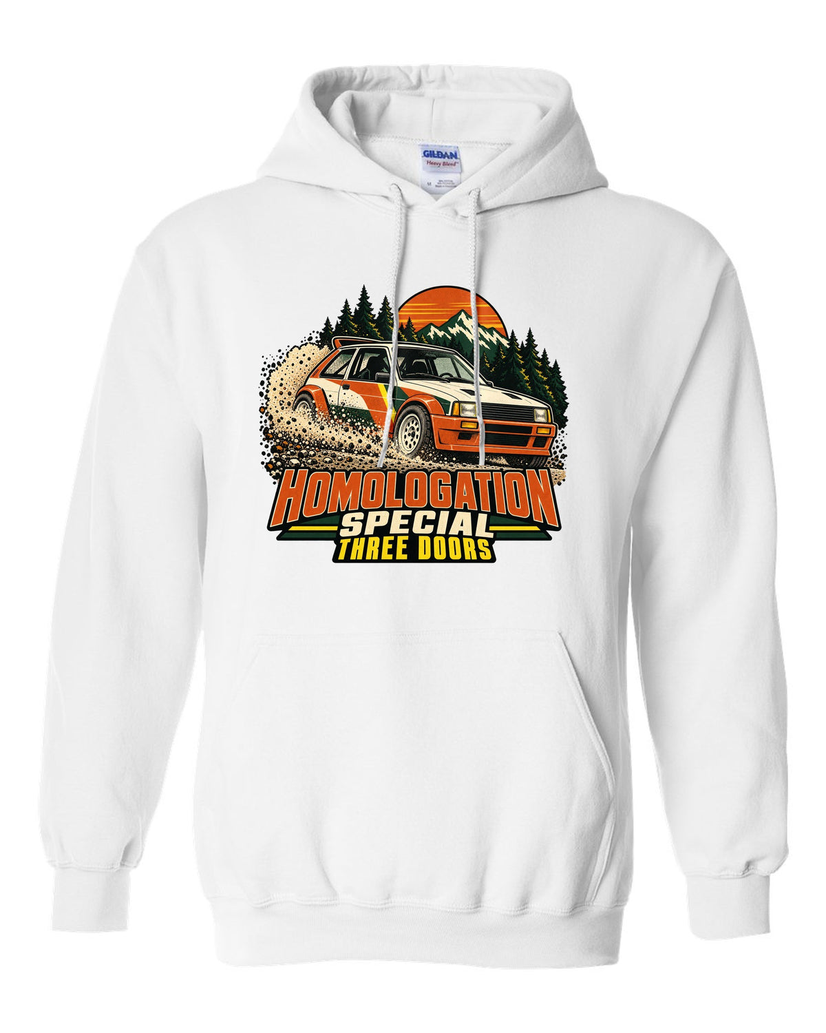 Vintage rally poster of a Toyota GR Yaris sliding on gravel with homologation text white pull over hoodie front view with the design