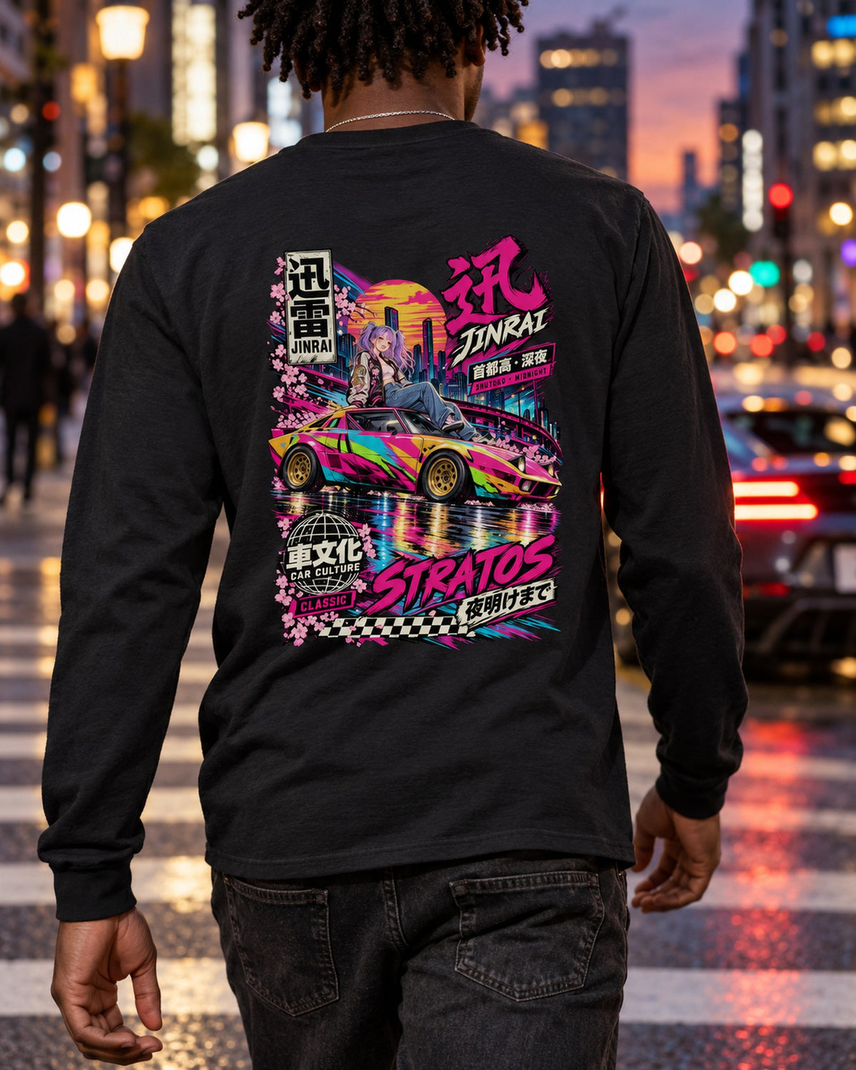 JINRAI STRATOS Anime Girl Full-Back Graphic Tee Long Sleeve Black worn hero