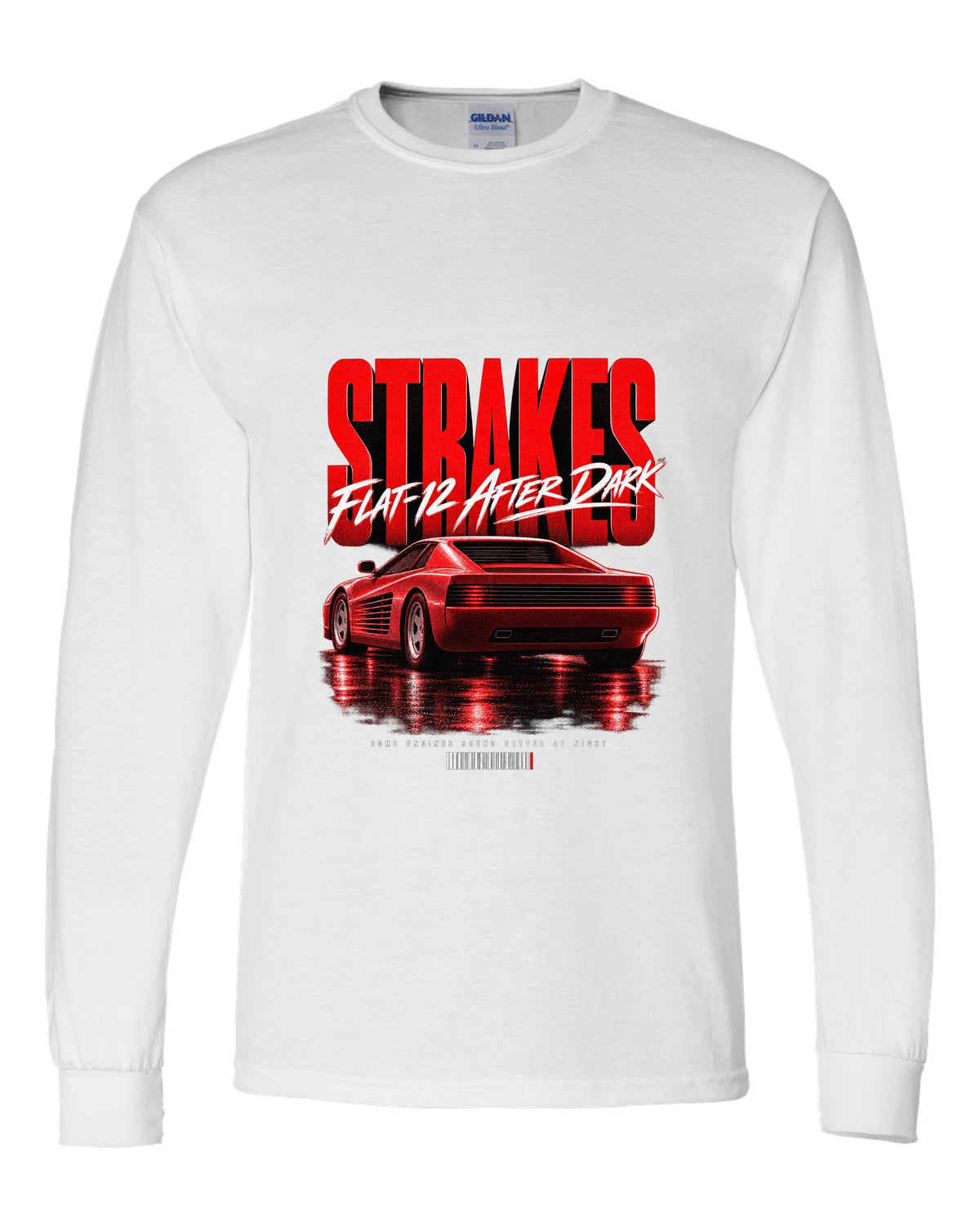Street poster print of a Ferrari Testarossa F110 rear three-quarter with strakes and flat-12 text white long sleeve front view with the design