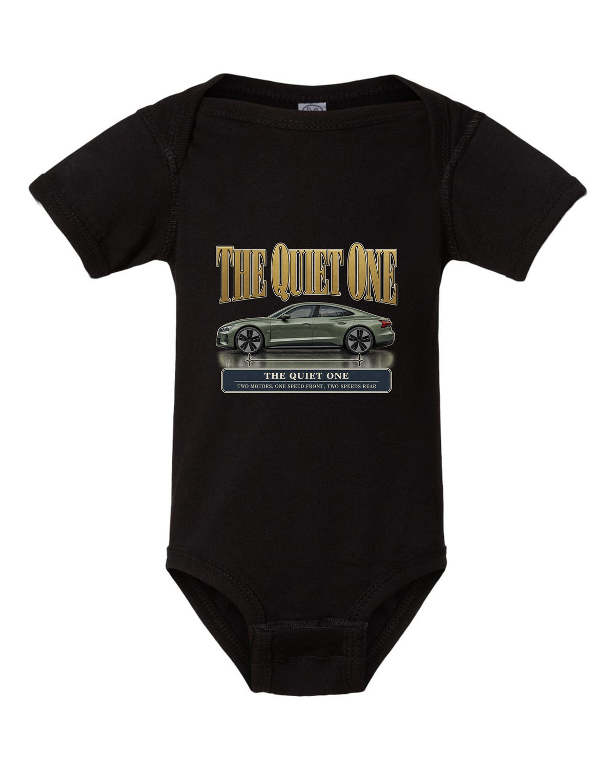 Audi e-tron GT quattro profile editorial headline print design black baby onesie front view with the design