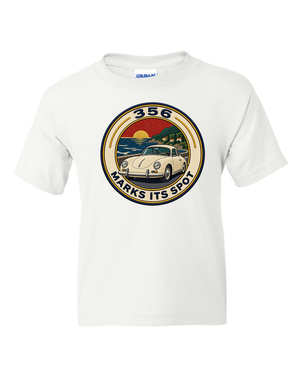 Round varsity crest style illustration of a Porsche 356 A white kids tee front view with the design