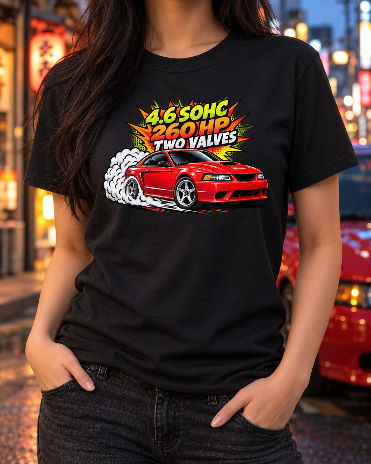 Ford Mustang SN95 New Edge Burnout Pop-Art Shirt, 4.6 SOHC T-Shirt Black worn hero