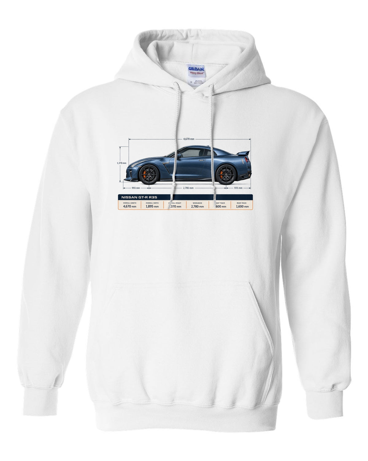 Nissan GT-R R35 Premium in gunmetal grey with an editorial headline layout white pull over hoodie front view with the design