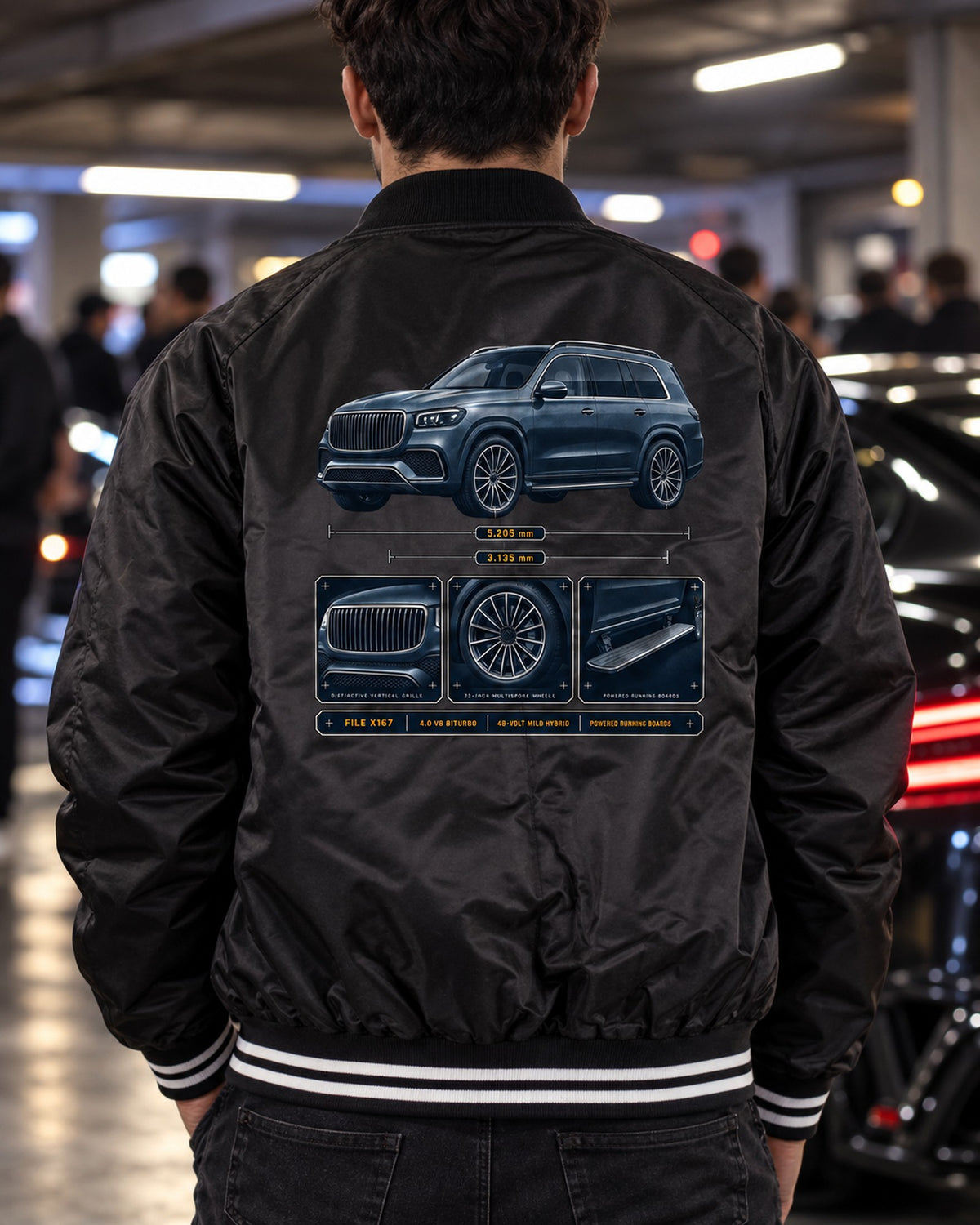 Mercedes-Maybach GLS 600 X167 Dossier print, SUV Car Tee Bomber Jacket Black worn hero
