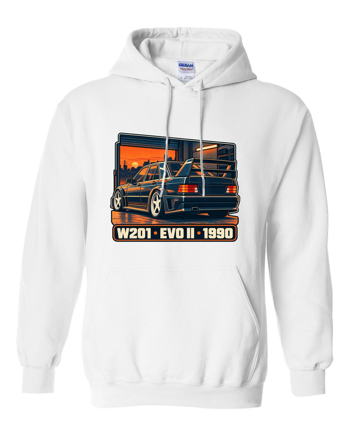 Risograph two-colour halftone print of a Mercedes-Benz 190E Evo II W201 in a garage at dusk white pull over hoodie front view with the design