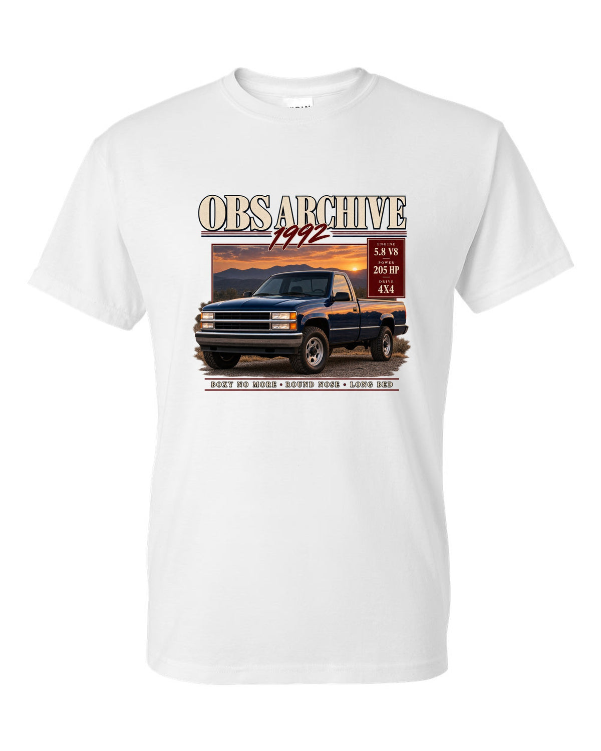 Ford F-150 OBS 1992-97 archive panel print listing 5.8 V8, 205 HP and 4x4 white t-shirt front view with the design