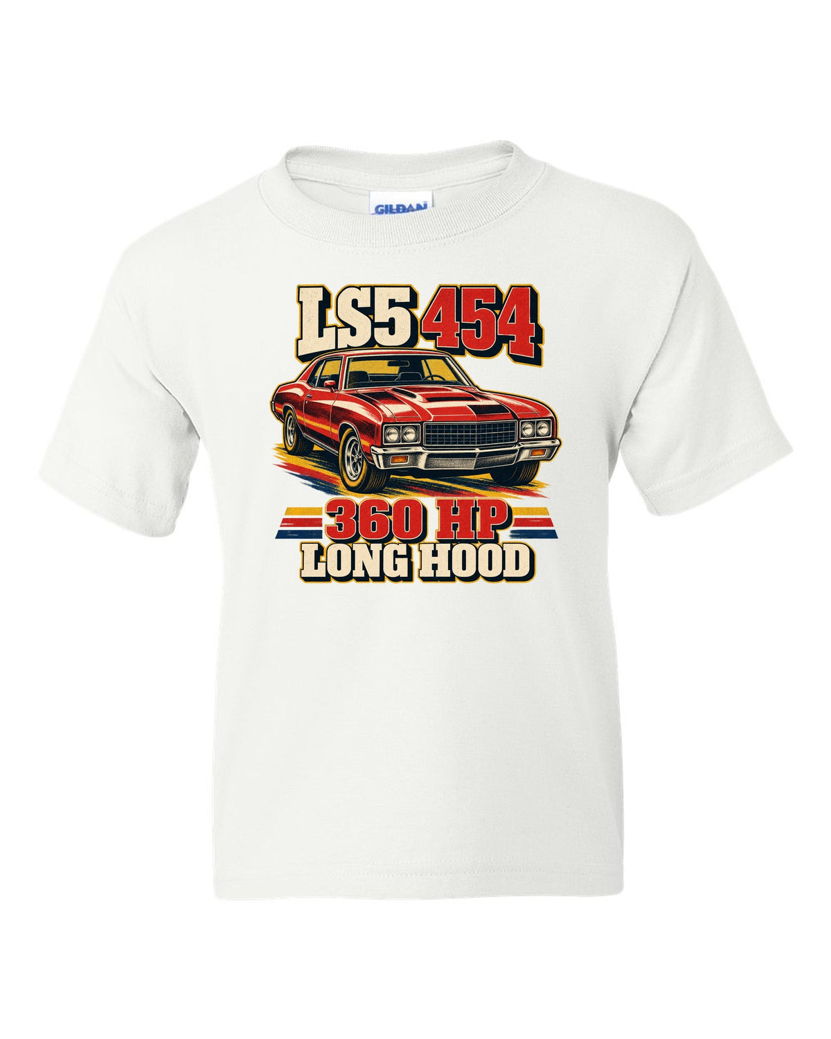 Vintage race poster print of a 1970 Chevrolet Monte Carlo SS 454 with the text LS5 454, 360 HP, Long Hood white kids tee front view with the design