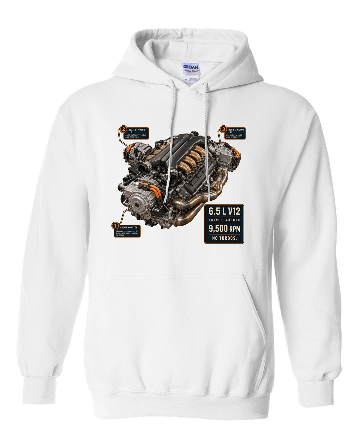 Engine hero print of the Lamborghini Revuelto L545 V12 white pull over hoodie front view with the design