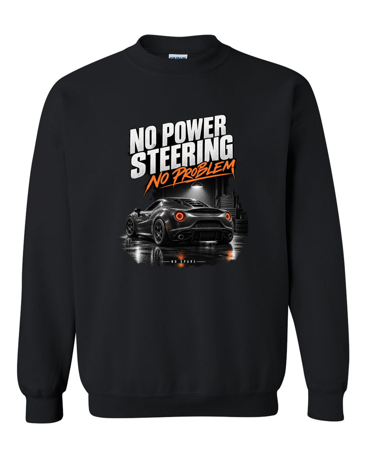 Garage night print of an Alfa Romeo 4C with no power steering no spare text black crewneck front view with the design