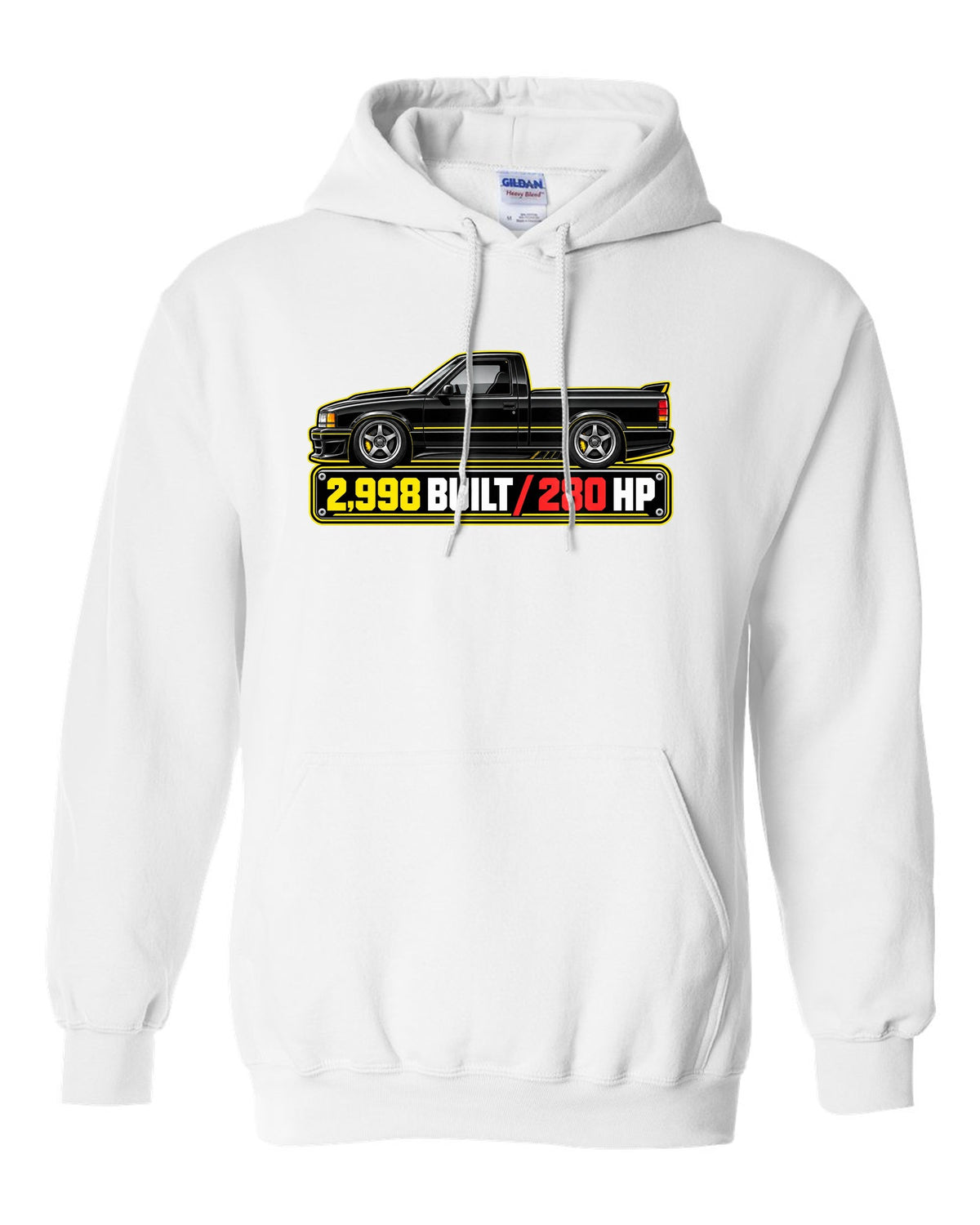 Spec-sheet data plate print of a 1991 GMC Syclone with 2,998 built and 280 HP lettering white pull over hoodie front view with the design