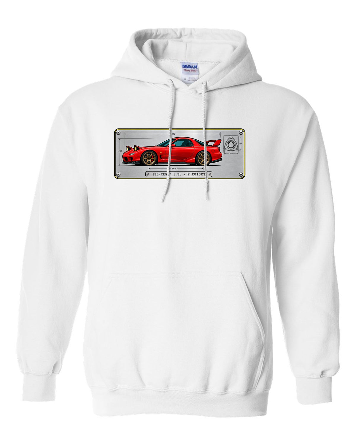 Spec plate print for a Mazda RX-7 FD3S listing 13B-REW, 1.3L and 2 rotors white pull over hoodie front view with the design
