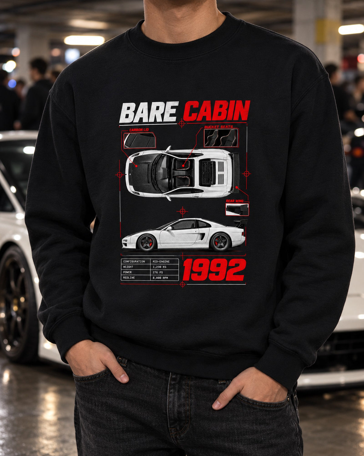 Honda NSX-R NA1 Spec Poster Shirt, Bare Cabin Car Guy Gift Crewneck Black worn hero