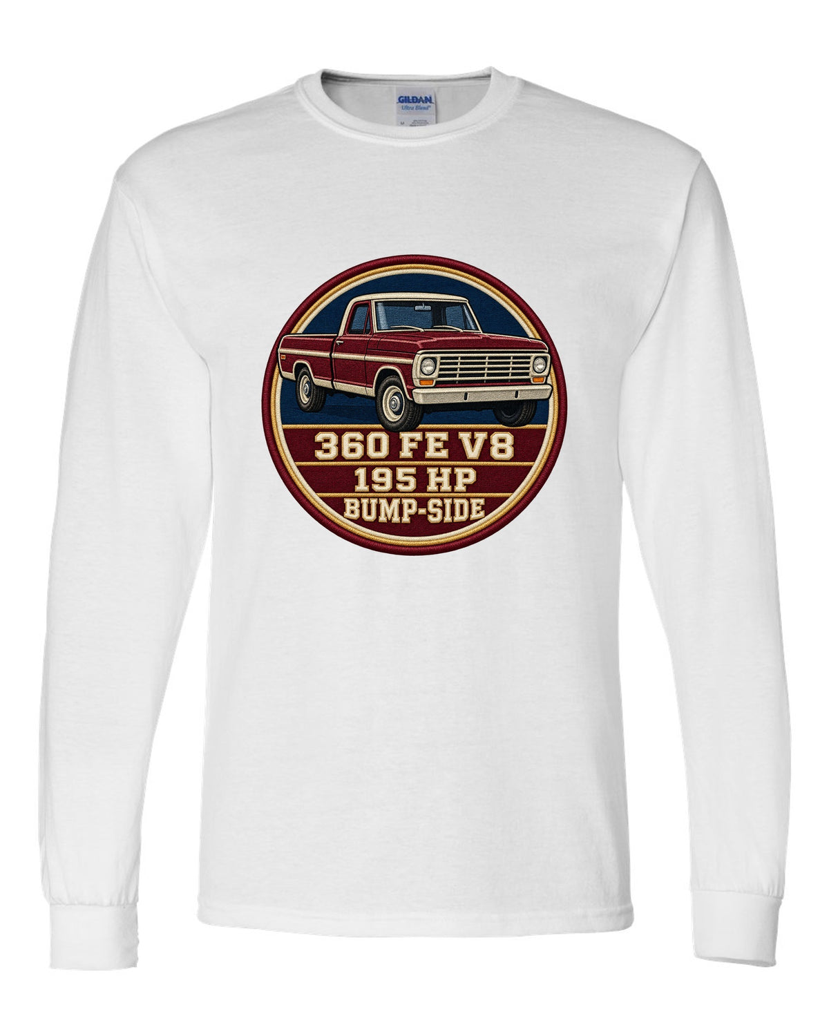 Bump-Side Ford F-Series 1967-72 Crest print Tee white long sleeve front view with the design