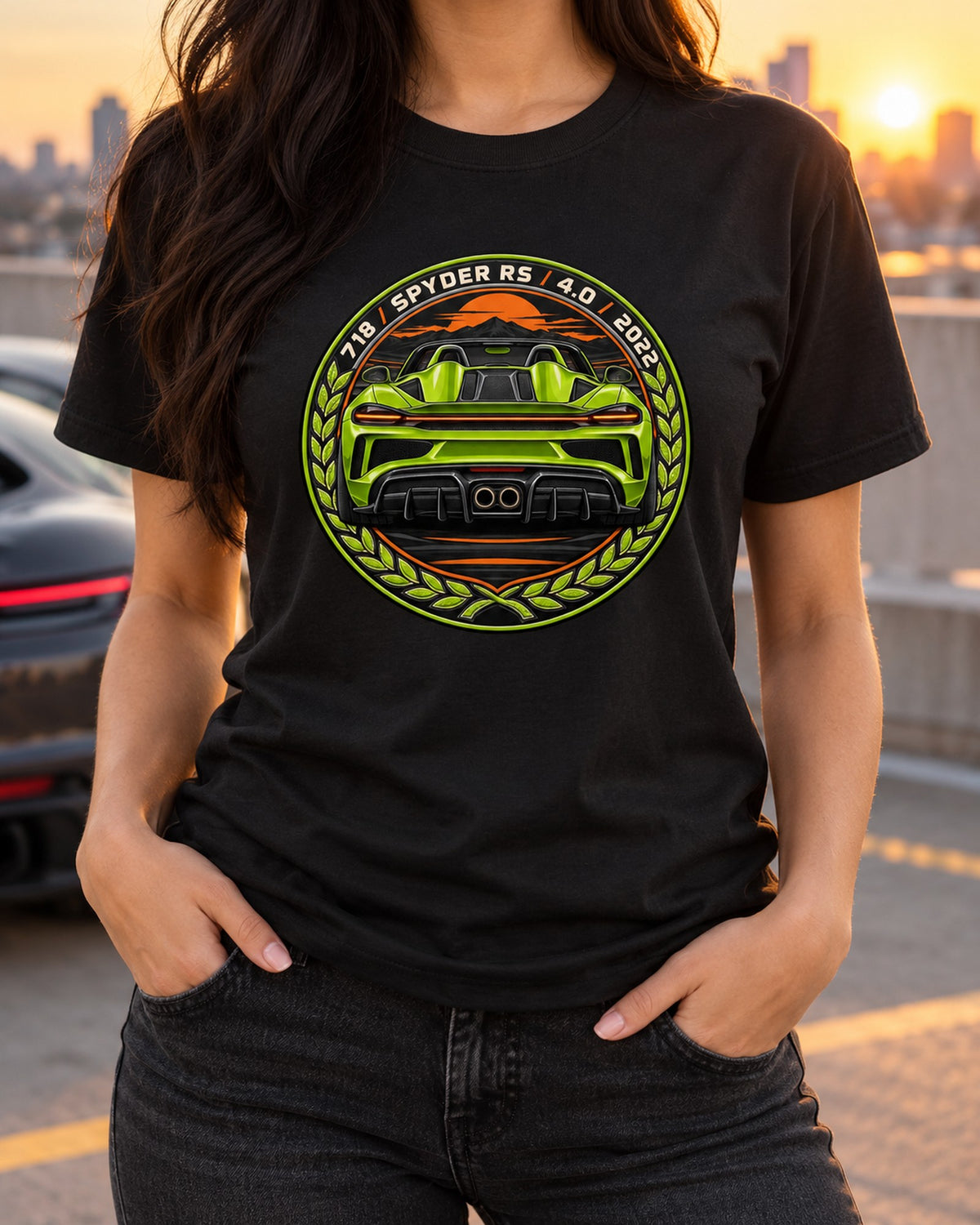 Porsche 718 Spyder RS Round Crest Shirt, 4.0 Flat-Six Tee T-Shirt Black worn hero
