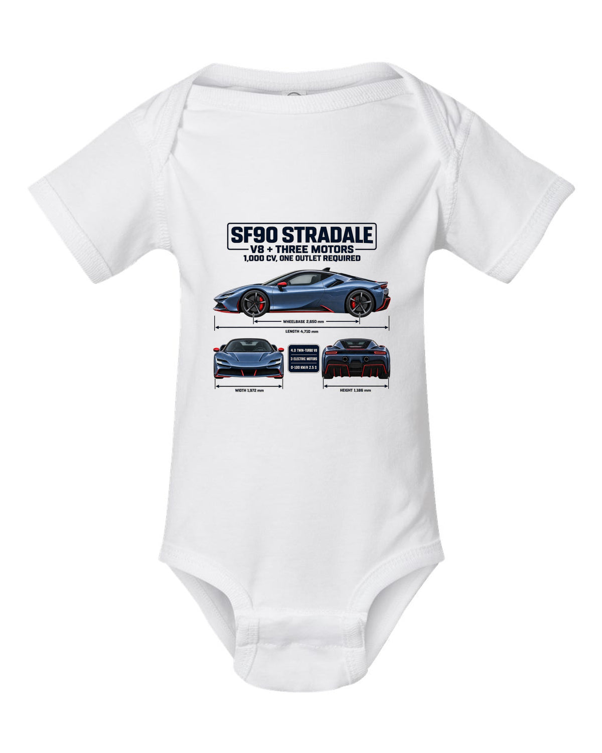 Ferrari SF90 Stradale three-view spec sheet print with V8 plus three motors, 1,000 CV white baby onesie front view with the design